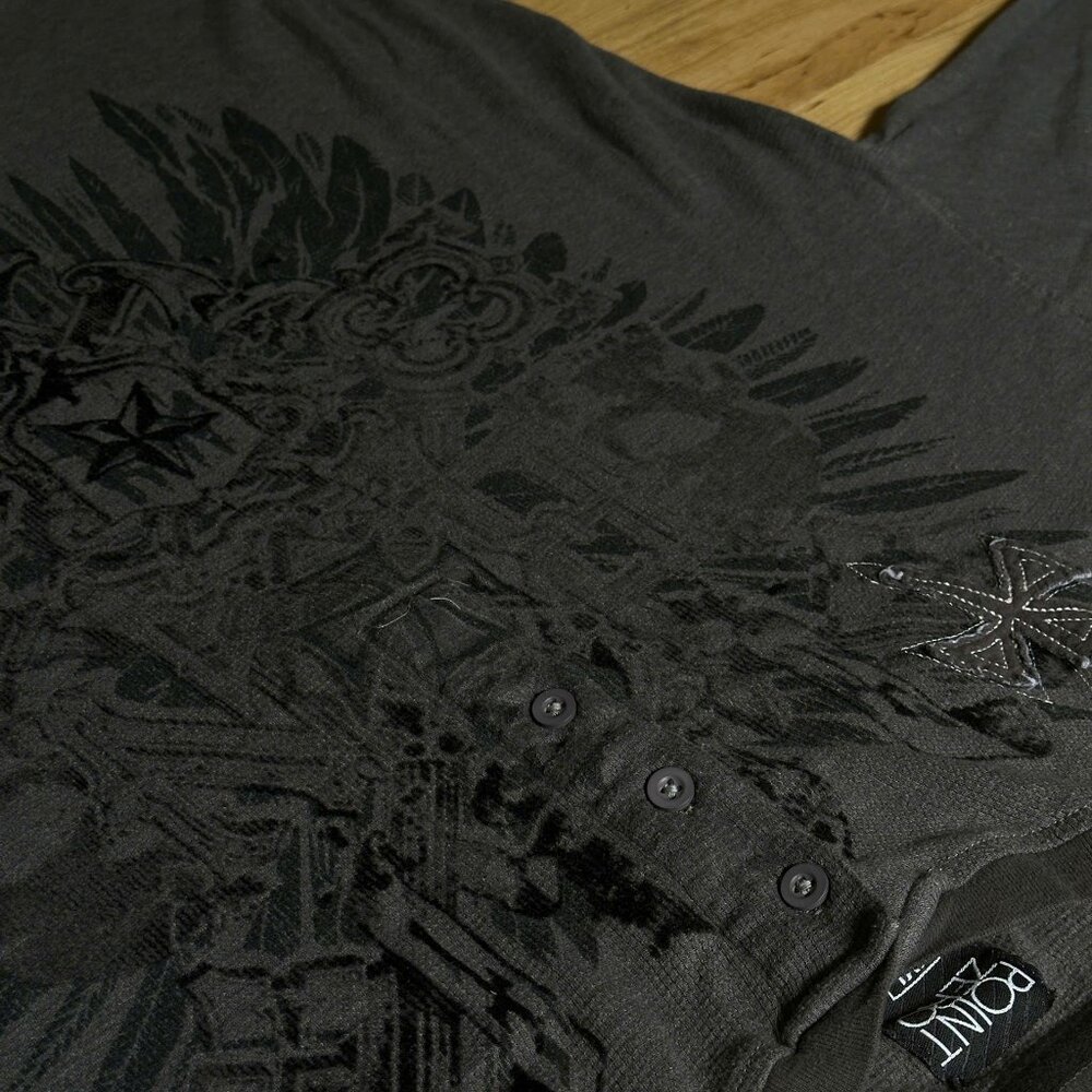 Point Zero Skull Cross Wing Grunge Cyber Y2K Thermal Style Long Sleeve Size L - Picture 2 of 4